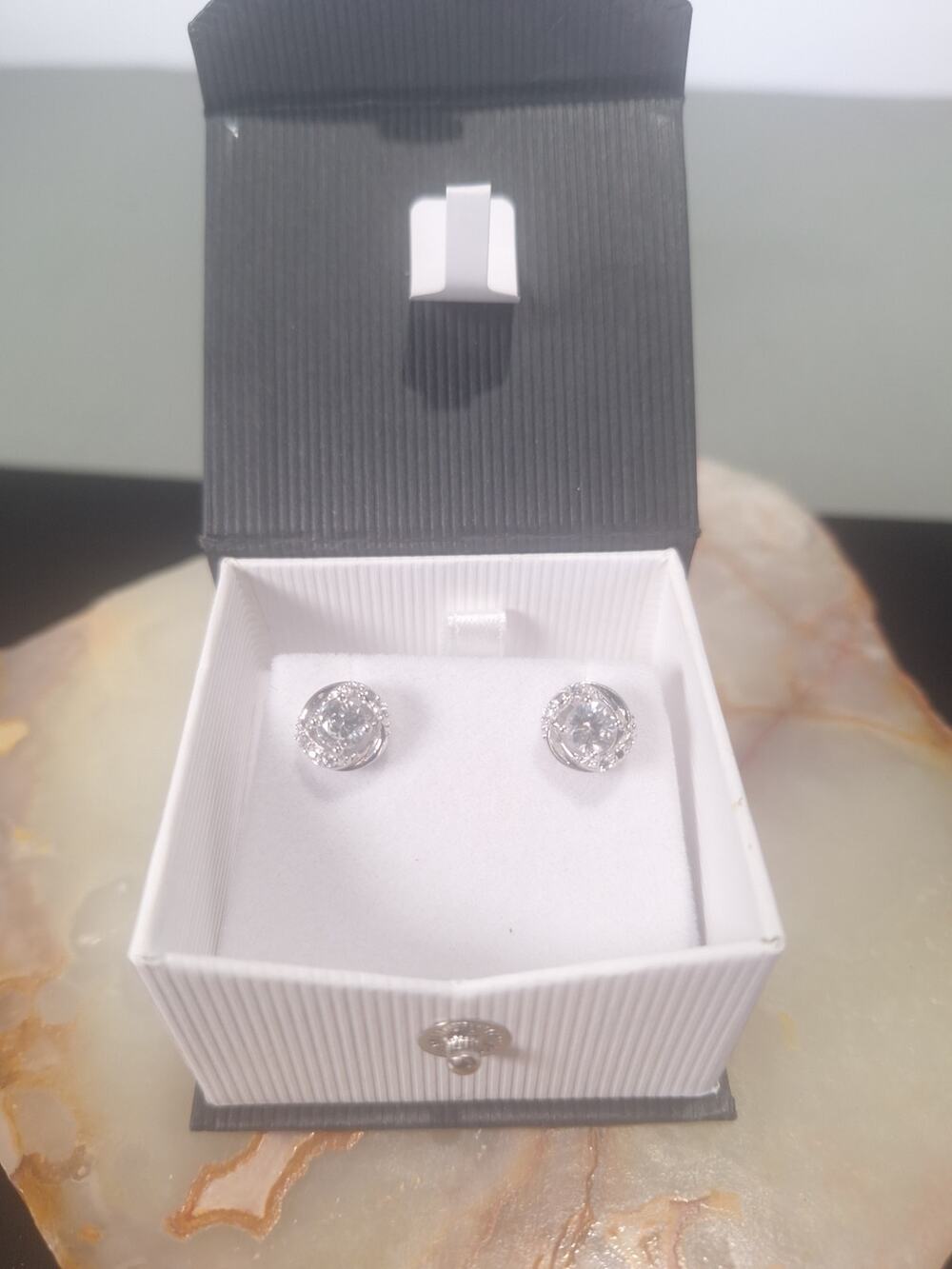 925 Sterling Silver White Sapphire Halo Stud Earrings Round Swirl Design NIB
